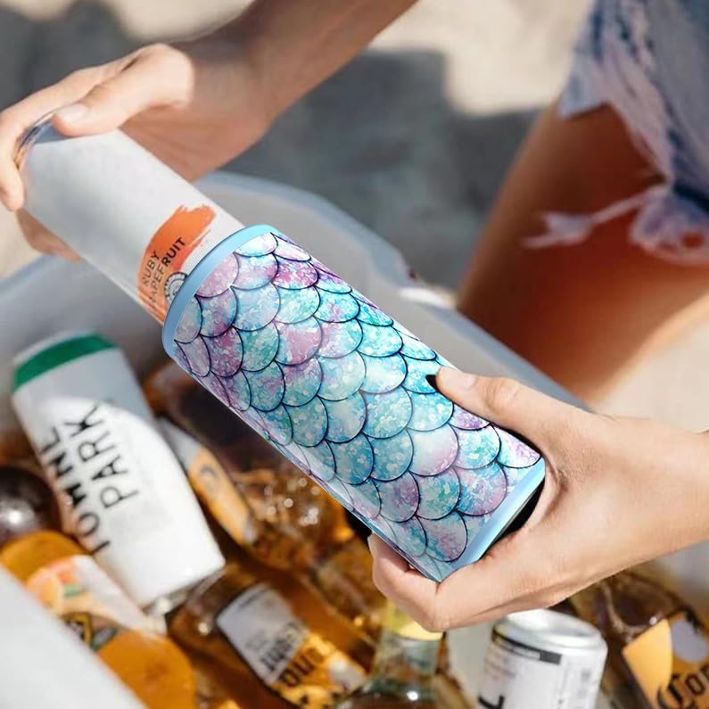 TILUCK Slim Can Cooler - Insulated Stainless Steel for 12 oz Beer & Hard Seltzer | Fish Scales Design