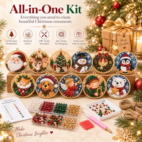 Wooden Christmas Ornaments DIY Kit with Pearls & Gems - 6 Pieces - J#