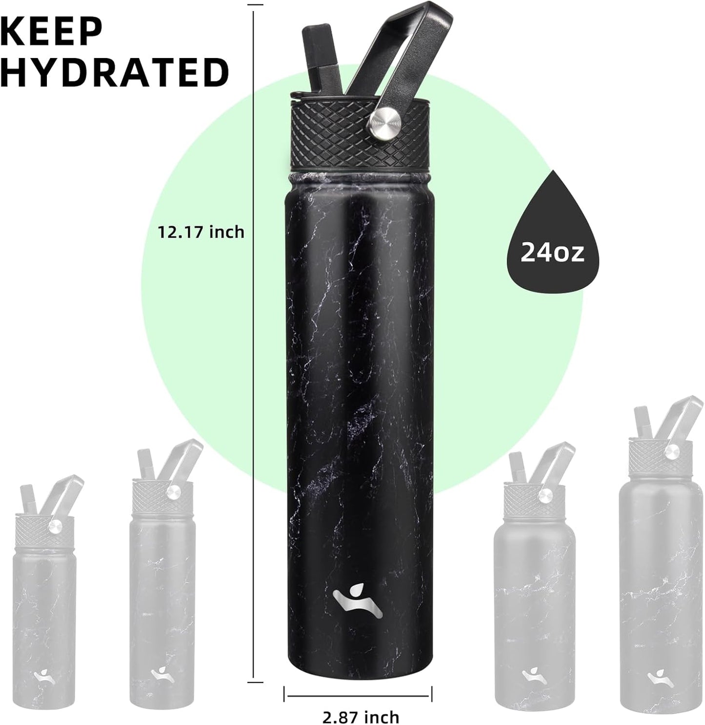 Skiennix Insulated Water Bottle - 24oz Stainless Steel Sport Bottle with 3 Lids | Marble Midnight