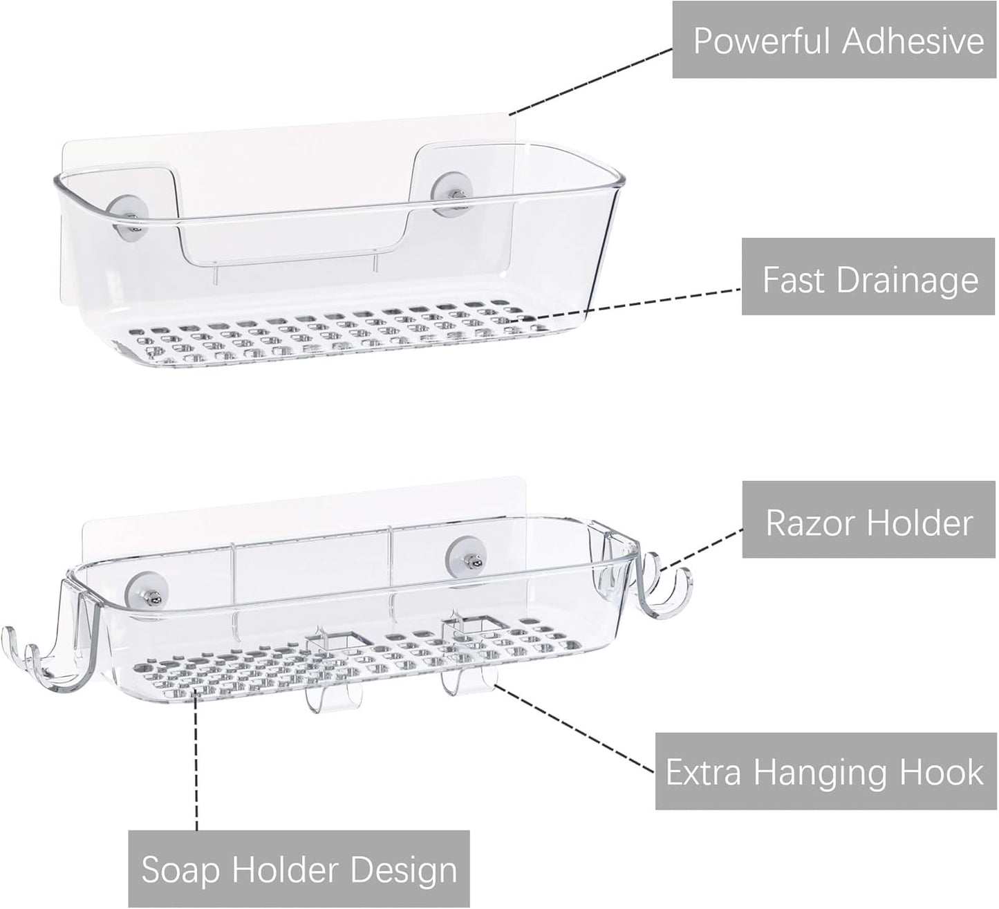 TZAMLI Clear Shower Caddy - Rustproof Wall-Mounted Organizer with Razor Holder & Hook | 2 Pack