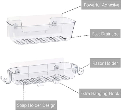 TZAMLI Clear Shower Caddy - Rustproof Wall-Mounted Organizer with Razor Holder & Hook | 2 Pack