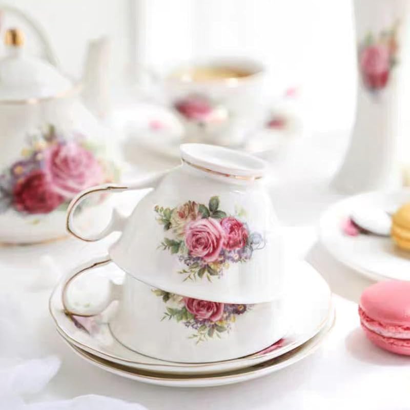 Noble Rose Ceramic Tea Set Gift by Scizorito – 29oz Teapot, 4 cups & Heater