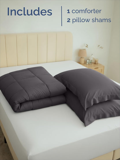 Queen Comforter Set - 3-Piece Soft Quilted Bed Set with Pillow Shams - Comfy & Breathable Dark Grey