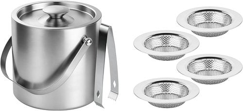 Chefbee 3L Double-Wall Stainless Steel Ice Bucket and 4 Pack Kitchen Sink Drain Strainer