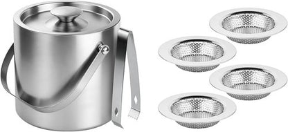 Chefbee 3L Double-Wall Stainless Steel Ice Bucket and 4 Pack Kitchen Sink Drain Strainer