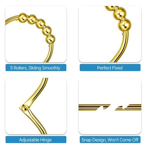 MENGJINGO 12PCS Wide Shower Curtain Hooks, Rust Proof Stainless Steel Shower Curtain Rings, Heavy Duty Shower Hooks for Shower Curtain Bathroom Curtain Hooks, Easy Glide Rollers, Set of 12, Gold