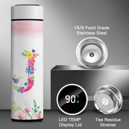 Personalized 16oz Initial Water Bottle,Smart Sport Water Bottle with LED Temperature Display,Customized Letter Coffee Thermos,Travel Coffee Mug (J)