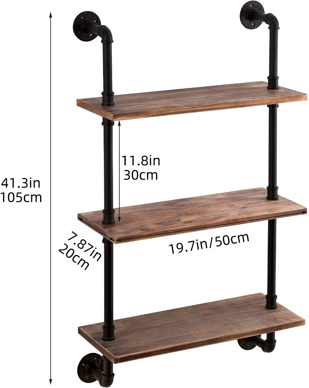 ROGMARS 3-Tier Floating Shelf - Real Pine Wood, Industrial Retro Style | 20"x7.87"x41.3" for Bathroom & Kitchen