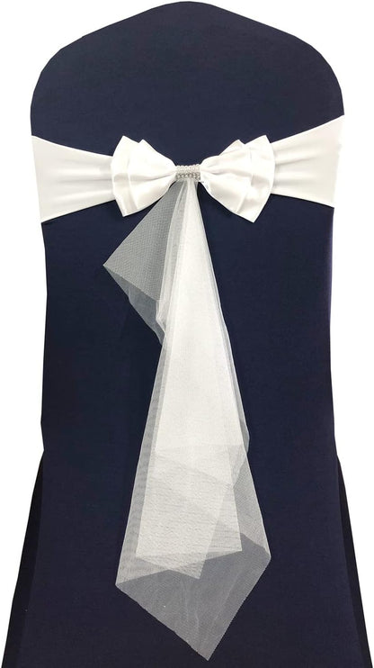 Skiennix Spandex Stretch Chair Bands - 10pcs with Double Satin Bows for Beach Wedding Decor | White