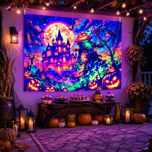 Halloween Blacklight Tapestry Glow-in-The-Dark Wall Hanging Decor - Spooky Pumpkin Scarecrow 90"x70"