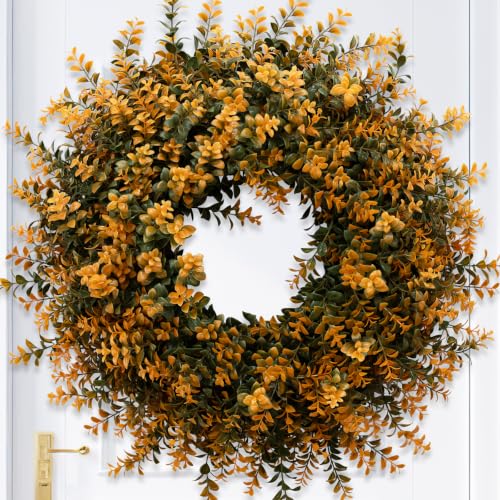 26 Inch Fall Wreath for Front Door with Orange and Green Boxwood - Outdoor Decor