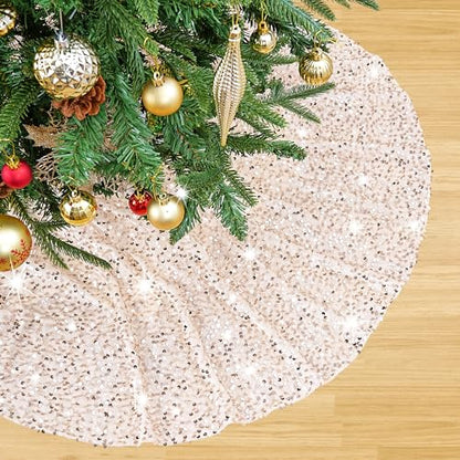 48 Inch Champagne Gold Christmas Tree Skirt Velvet Sequin Holiday Decor