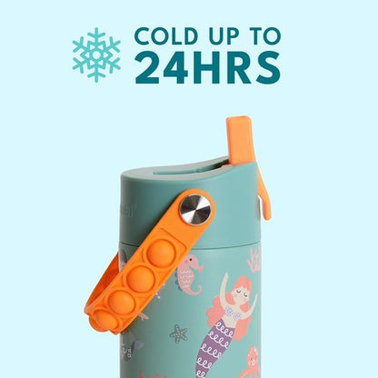 Elemental Kids Insulated Water Bottle - Stainless Steel, Leak-Proof with Straw Lid & Pop-It Handle, 18oz | Mermaid Sisters