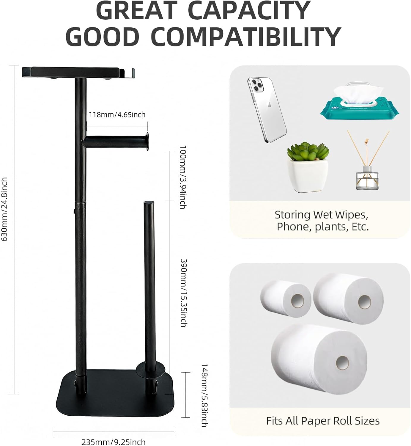 Regine Switzerland Free Standing Toilet Paper Holder - Rustproof Metal with Anti-Slip Base & Top Shelf, Black