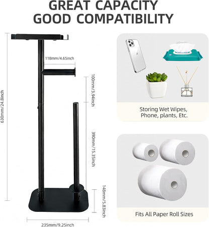 Regine Switzerland Free Standing Toilet Paper Holder - Rustproof Metal with Anti-Slip Base & Top Shelf, Black