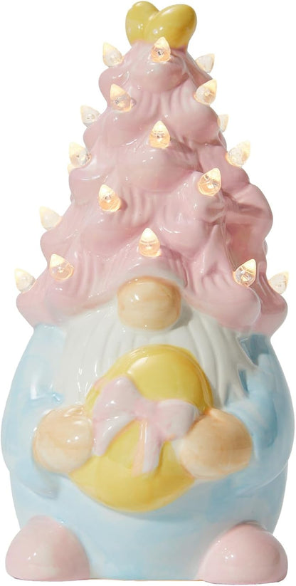 WDS Wondrous Lighted Gnome Figurine - Ceramic Battery Operated LED Easter Decor | Pink Hair Holding Egg, Spring Table Centerpiece