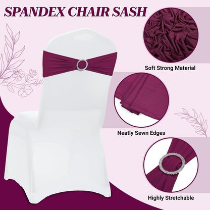 MDS Premium Spandex Chair Sashes - Stretchy Bow Covers with Buckle Slider for Weddings | Eggplant, Pack of 100