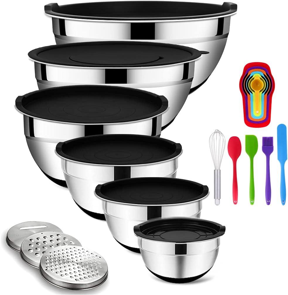 Rottay Mixing Bowls Set - 20PCS Stainless Steel with Airtight Lids & Grater Attachments | Non-Slip Bottoms