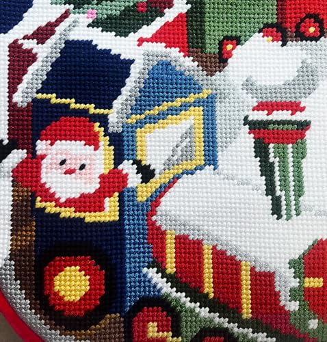 Needlepoint Christmas Stocking - Vintage 18 Inch Xmas Stocking with Personalized Name Tag and Train Embroidery