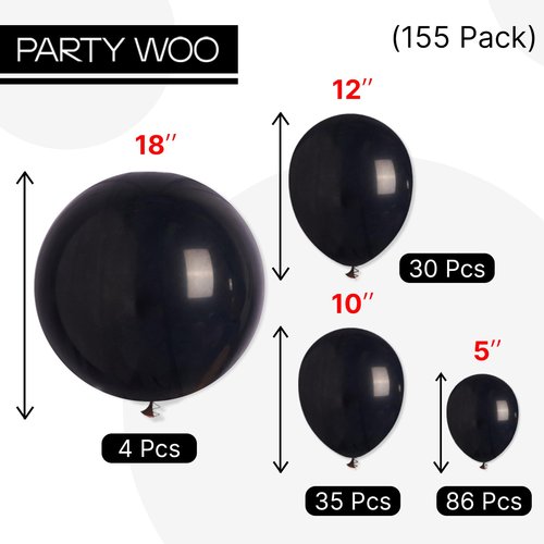 PartyWoo Black Balloons 155 pcs Different Sizes of 18 12 10 5 Inch Black Balloons Arch Kit Garland for Baby Shower Birthday Graduation Casino Gaming Anniversary Race Car Party Decorations Black-Y18