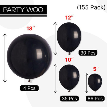 PartyWoo Black Balloons 155 pcs Different Sizes of 18 12 10 5 Inch Black Balloons Arch Kit Garland for Baby Shower Birthday Graduation Casino Gaming Anniversary Race Car Party Decorations Black-Y18