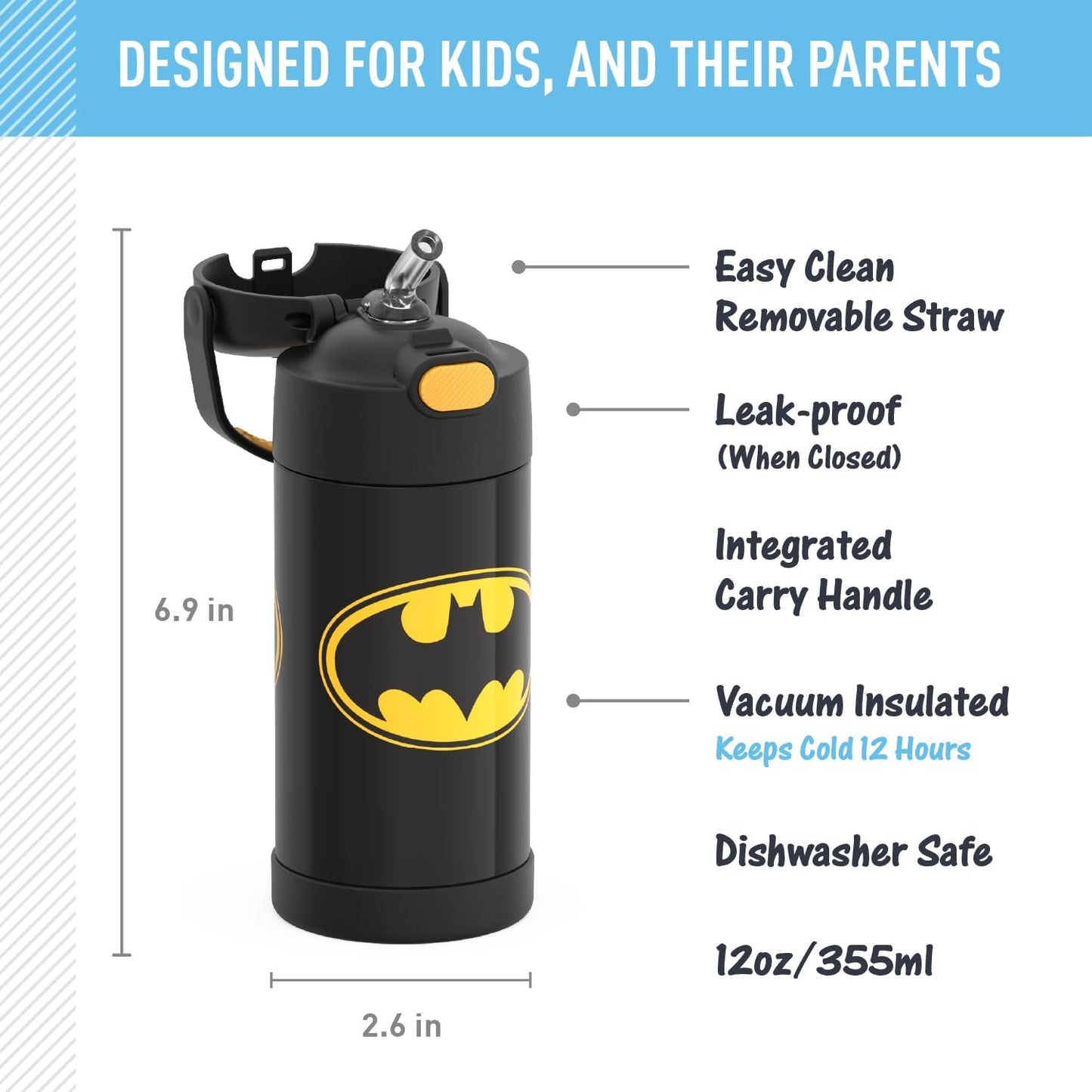 THERMOS FUNTAINER Water Bottle - 12 Ounce Stainless Steel Vacuum Insulated Kids Bottle | Batman Design