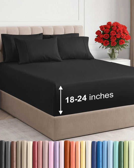 Skiennix Extra Deep Queen Sheet Set - 6 Piece Breathable Cooling Bedding - Soft, Wrinkle-Free Black Sheets