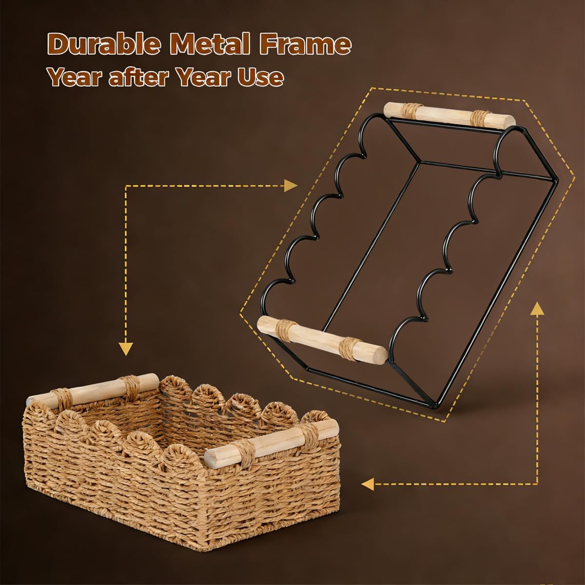 Paper Rope Scalloped Edge Toilet Paper Storage Basket - Small Living Room & Bedroom Decor with 2 Wooden Handles