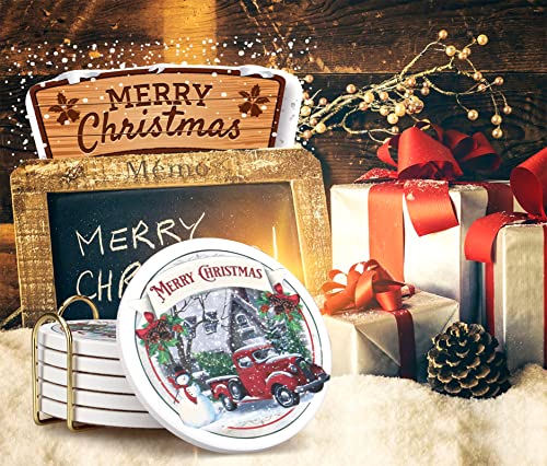 Ceramic Christmas Absorbent Coasters Set of 6 with Car Design and Cork Bottom
