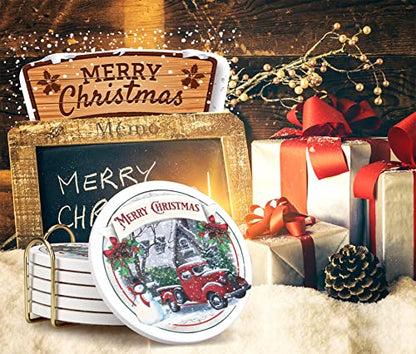 Ceramic Christmas Absorbent Coasters Set of 6 with Car Design and Cork Bottom