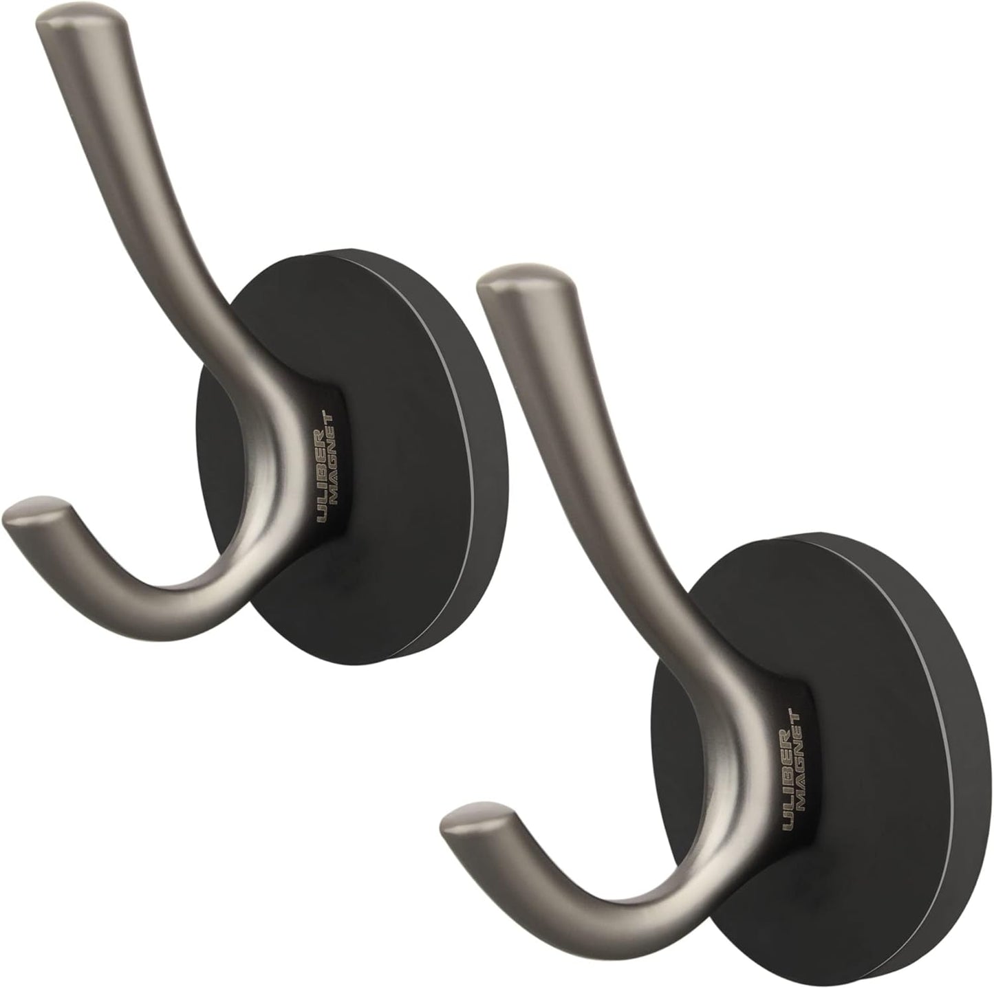 ULIBERMAGNET Strong Magnetic Double Hooks - Heavy Duty Coat Hangers | 2 Pack Brushed Nickel Finish