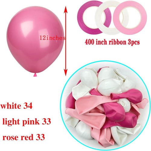 KADBANER 12-Inch Latex Balloons - 100 Pack in White, Pink & Light Rose Red for Weddings, Birthdays & Baby Showers