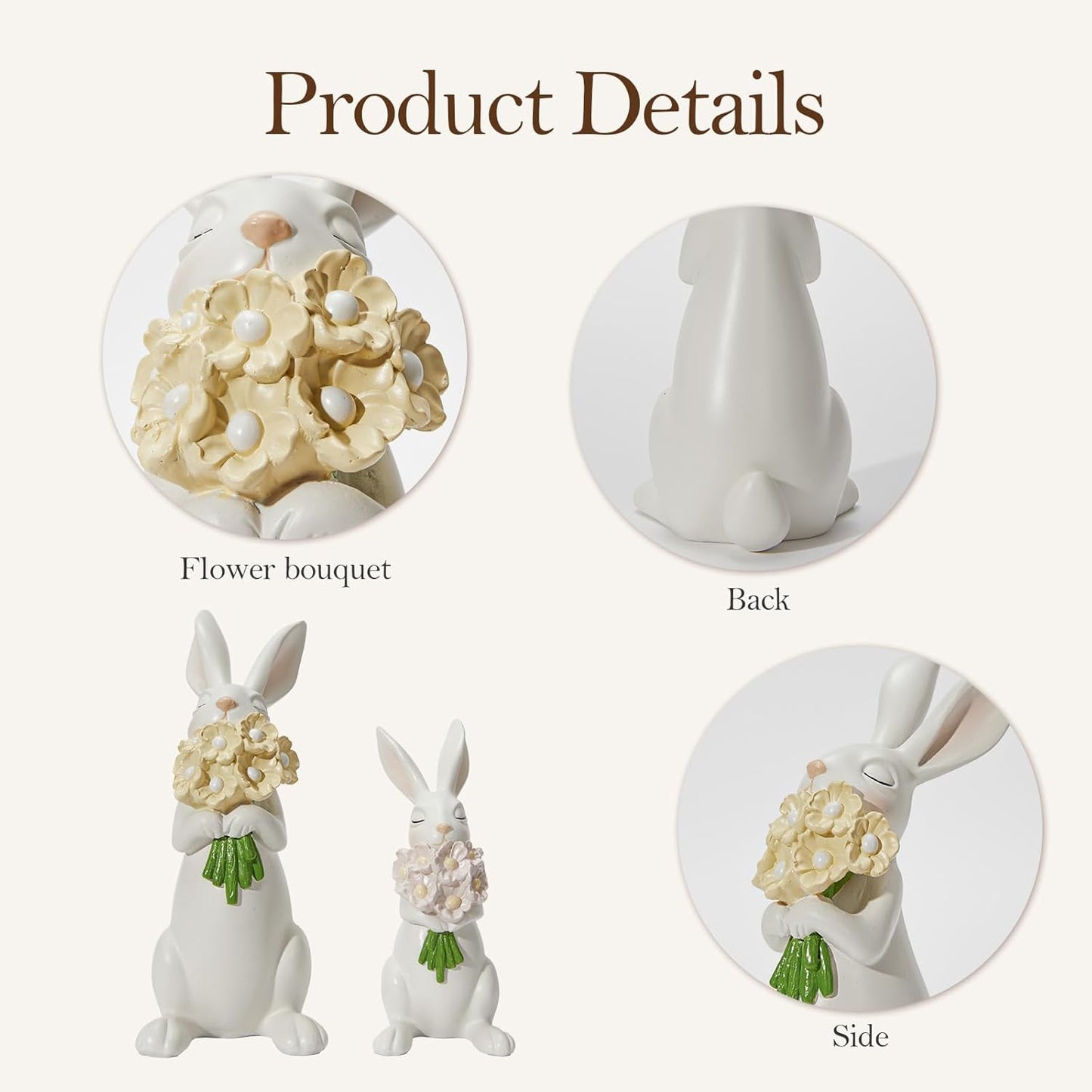 WDS Wondrous Bunny Figurines Set - Cream White Bunnies with Pastel Flower Bouquets | Cute Spring Home Decor Statues (Set of 2)