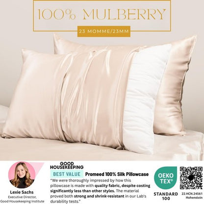 PROMEED 100% Mulberry Silk Pillowcase for Hair and Skin, Both Sides 23 Momme Grade 6A+ Silk Pillow Case with Hidden Zipper, 1400 TC, Soft & Smooth (Standard 20"x26", Champagne)