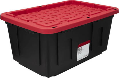 MioeDi 27 Gallon Stackable Storage Bins - Snap Lid Containers in Black with Red Lids | Set of 4