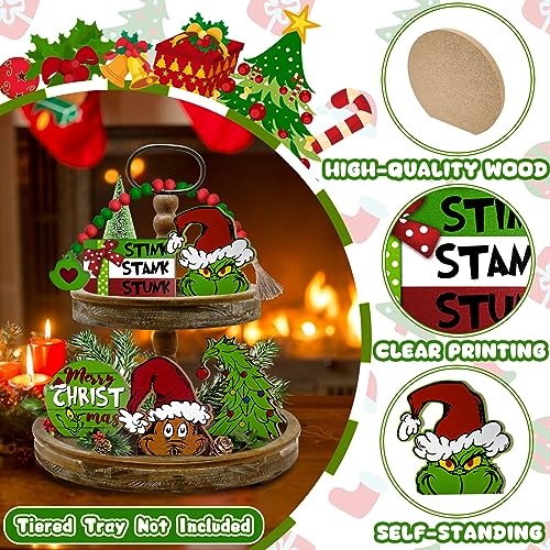 Christmas Tiered Tray Decor Set - Farmhouse Holiday Wooden Signs & Garland