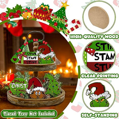 Christmas Tiered Tray Decor Set - Farmhouse Holiday Wooden Signs & Garland