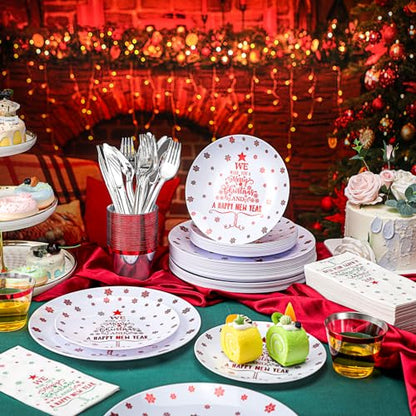 Christmas Plastic Dinnerware Set for 30 Guests - Plates, Cups, Cutlery & Napkins