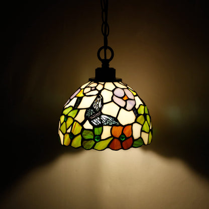 ZJART Small Tiffany Pendant Light Plug in Stained Glass Swag Lamp 8X8X181 Inch Hanging Lamp (Flowers Butterfly for Dining Room Living Room