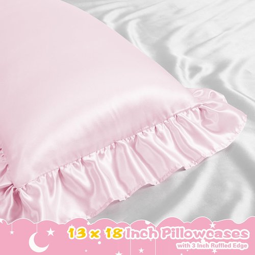 Entisn Ruffle Satin Toddler Pillowcase Set of 2, 13 x 18 Inch Toddler Silky Pillow Covers with Envelope Closure, Anti Wrinkle Soft Travel Pillow Case Nursery Pillow Sham for Girls, Boys (Baby Pink)