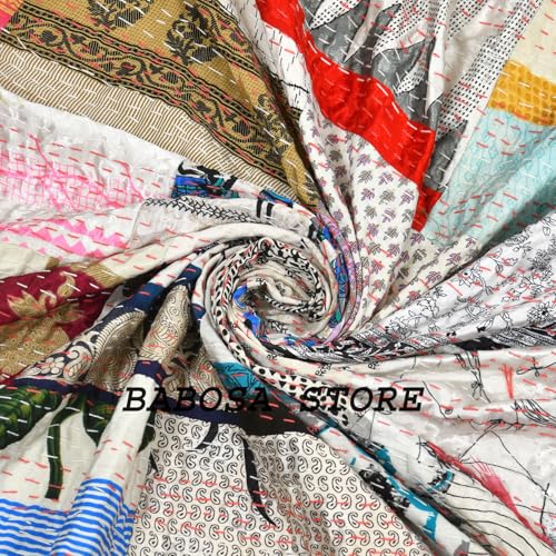 White Super King 108x108 Inch Handmade Patchwork Kantha Quilt Bedcover