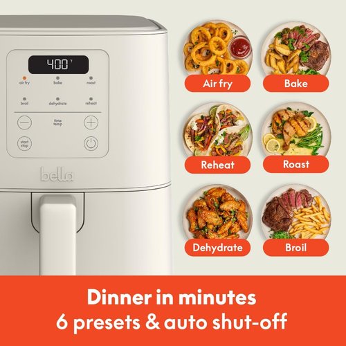 Bella 4Qt Slim Air Fryer - Space-Saving Kitchenware with Adjustable Temp & 6 Cooking Presets | Oatmilk Color