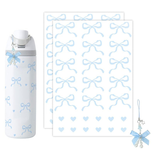 Romukuku Bows Stickers for Custom Owala Accessories, Heart Decals Transfer Stickers for Water Bottles, Bows Pearl Charms for Owala (Light Blue)
