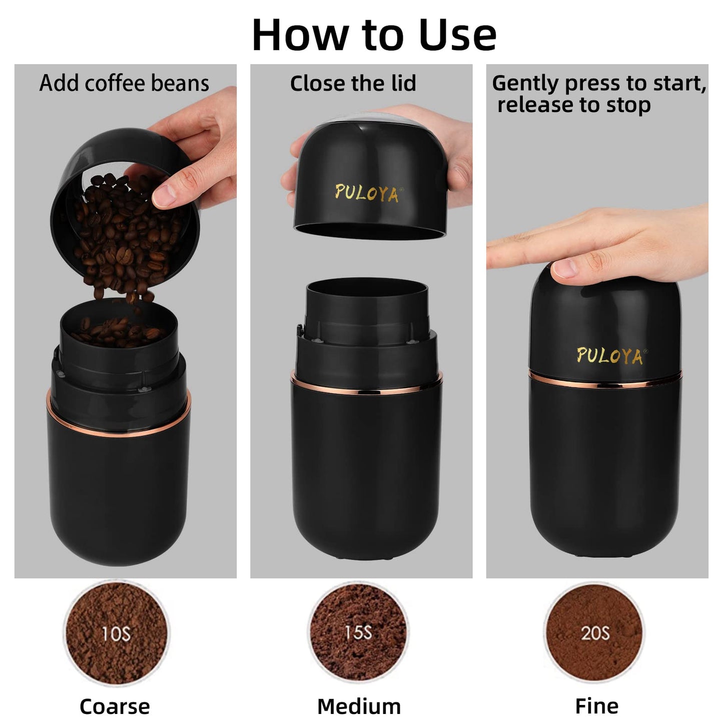 PULOYA Coffee Grinder Electric for Beans, Spices, Herbs, Grains and Nuts, Stainless Steel Blades, 2.8 oz, Black