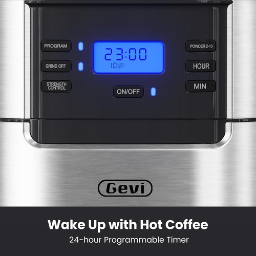 Gevi 10-Cup Drip Coffee Maker - Programmable Brew Machine with Built-in Grinder & Reusable Filter | 1.5L Water Tank