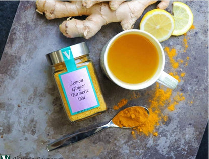 Lemon Ginger Turmeric Tea- Two 6.4 oz. Jars- with Black Pepper, Curcumin, Ginger & Natural Honey Crystals