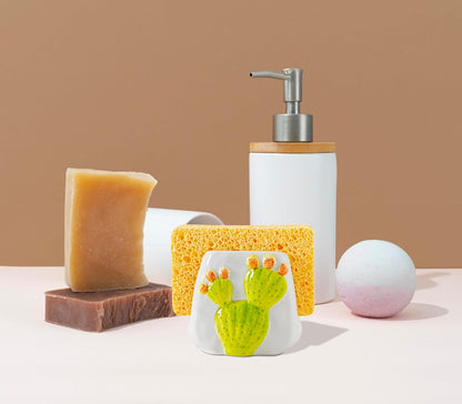 Skiennix Cactus Sponge Holder - Elegant White Ceramic Sink Caddy for Organized Kitchen