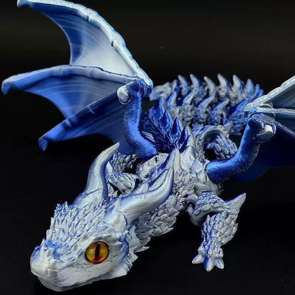Skiennix 3D Printed Blue Silver Dragon Figurine - 11.8 Inch Collectible Desk Decor