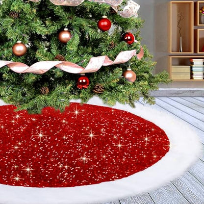 Dremisland Sequin Christmas Tree Skirt 36 Inch Red Faux Fur Border - Holiday Decor