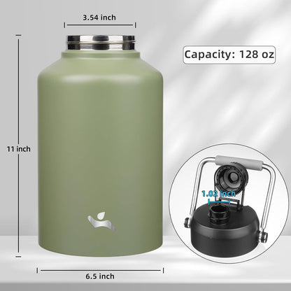Skiennix 1 Gallon Insulated Water Bottle - Double Wall Vacuum Stainless Steel | Camp Green, 128 oz with Handle